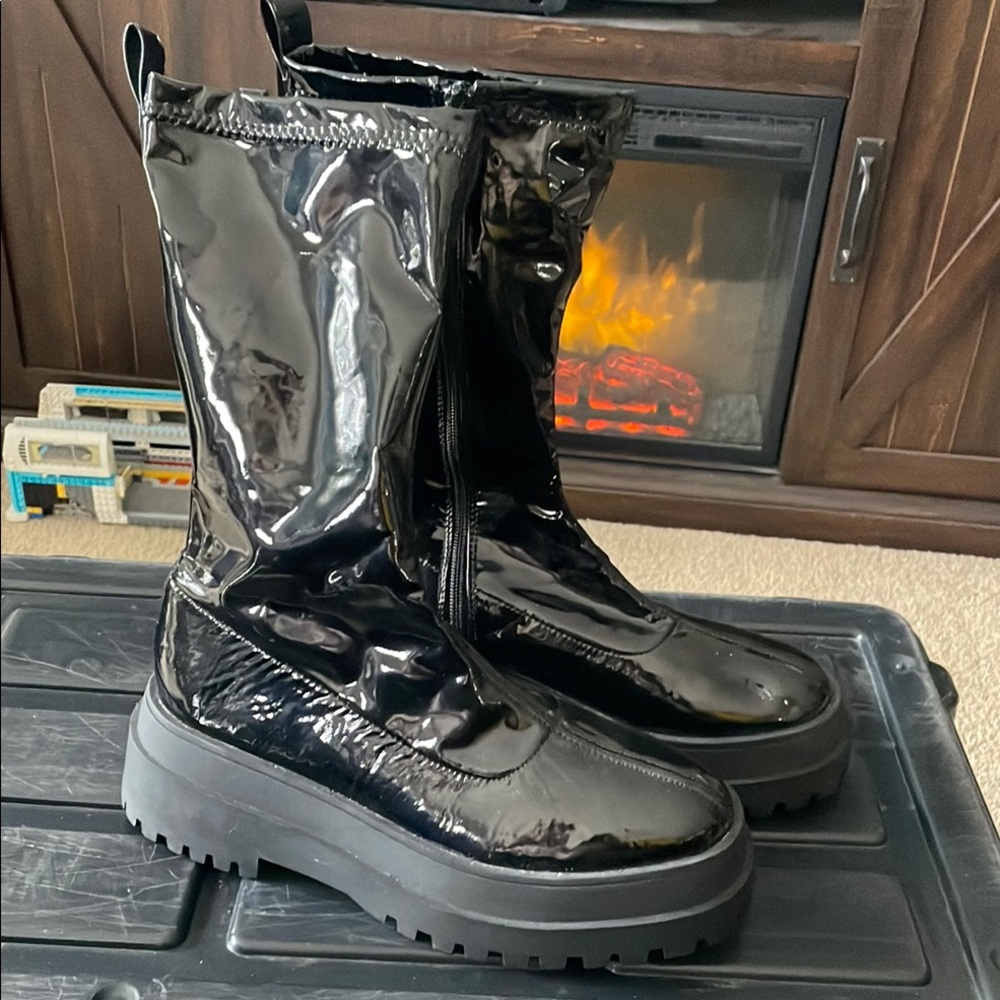 Shiny Black Boots with Chunky Sole